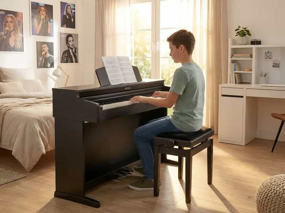 Mladý kluk hraje na digitální piano ve svém pokoji.